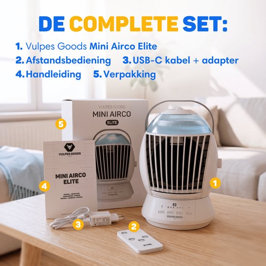 Vulpes Goods® Tech - Mini Airco ELITE - Mobiele Luchtkoeler met Afstandsbediening - Aircooler 6in1 - 3 luchtbevochtigingsstanden met Swingfunctie - 3 windsnelheden - 100% Anti-lek - Incl. kabel & adapter meegeleverd - Thuis & Kantoor