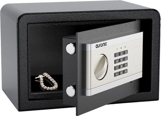 Auronic Elektronische Kluis - Cijferslot - Sleutel - Muurbevestiging - 4,3cm Deur - 130dB Alarm - 8L - 31x20x20cm - 4,5KG - Staal - Zwart