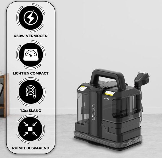 Vonia Tapijtreiniger - Vlekkenreiniger - Bankreiniger - Reinigingsmachine - Bekledingsreiniger - 450W - Zwart