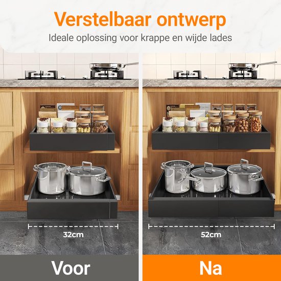 Posity Schuiflade – Keukenkast Organizer – Gootsteenkast/Lade Organizer - binnenlade keuken – Uittrekbaar en Verstelbaar (32-52 cm) – Telescopisch – Zwart