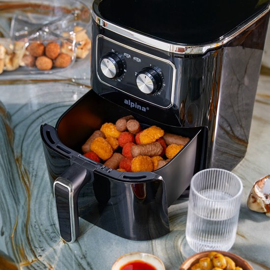 alpina Airfryer 4.5L- Heteluchtfriteuse voor 3 tot 4 Personen - Air Fryer met Instelbare Temperatuur van 80°C tot 200°C - Timer tot 60 Minuten - Hetelucht Friteuse 1450W - Zwart