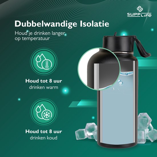 Supplife Luxe RVS Thermosfles / Drinkfles - 1 Liter - BPA & Lek Vrij - Waterfles met Rietje - Dubbelwandige Isolatie - Thermosbeker - Schenkdop en Dop met Rietje - Inclusief Schoonmaakborsteltje - Zwart