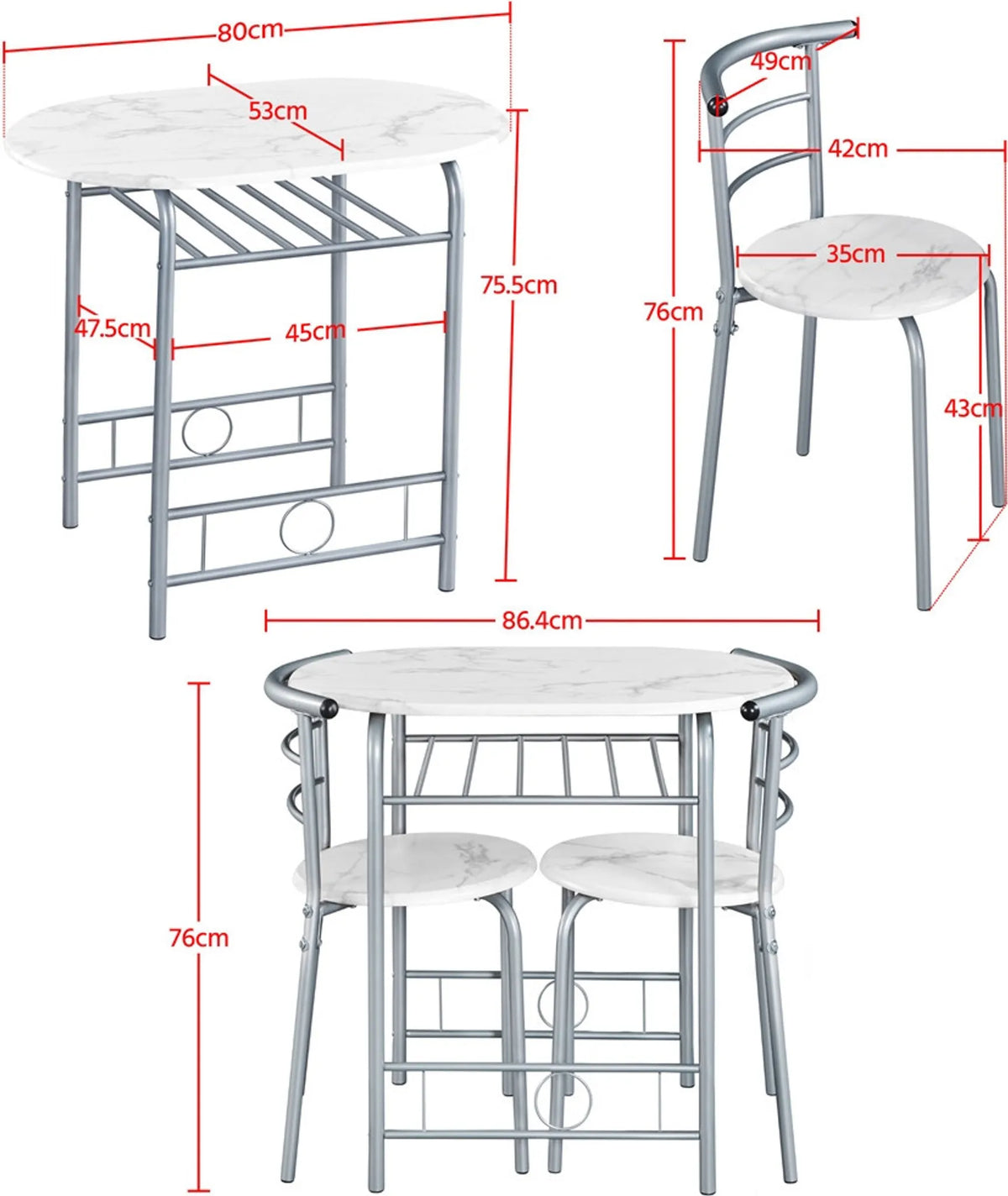 3-delige Eethoek met Tafel en 2 Stoelen Houtlook MDF en Metalen Frame Wit 80 × 53 × 73,5 cm