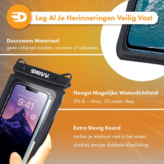 Drivv. Waterdicht Telefoonhoesje 2 in 1 met Koord - Universeel tot 6.7 inch – Onderwater hoesje telefoon - Zwart