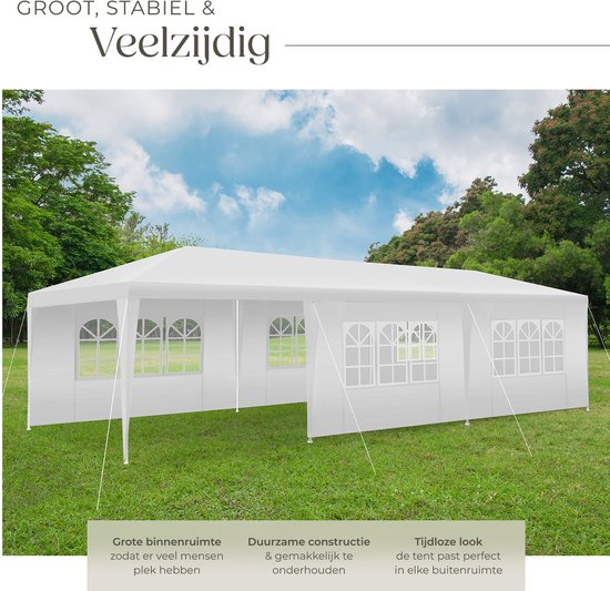 tectake® Paviljoen Miramas - Partytent 9x3 m - Wit - 8 verwijderbare Zijpanelen - UV en Waterbestendige Tuinpaviljoen - Inclusief Spanlijnen en Haringen - Overkapping