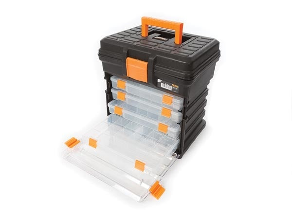 Perel Multifunctionele opbergkoffer, polypropyleen, 5-delig, draagbaar, met 4 uitneembare soorteerdozen, zwart/geel, 340 x 272 x 341 mm