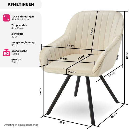 tectake Eetkamerstoel – Draaibaar met Armleuningen & Fluwelen Bekleding – 58 x 58 x 82 cm – Crème