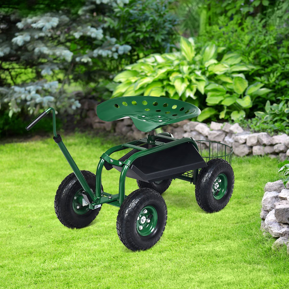 Coast Tuinwagen met opbergmand - in hoogte verstelbare handgreep - ergonomische zitting - groen