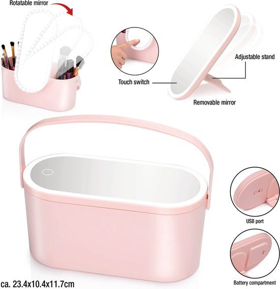 Touch Of Beauty Make Up Organizer met LED Spiegel - Reis Beautycase - 24,1 x 10,4 x 11,7CM - Verstelbaar LED-Licht - Incl. USB-Oplaadkabel - Kunststof - Roze