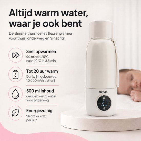 Koraki® Thermosfles Flessenwarmer - Draadloze Flesverwarmer - Voor onderweg - 500ml