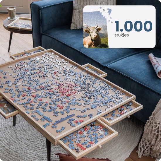 Puzzelplaat voor 1000 Puzzelstukjes met 6 Lades – Puzzelmat met Opbergsysteem -– Puzzelbord van Hout – Puzzeltafel inclusief Afdekplaat - BREND BR-2216