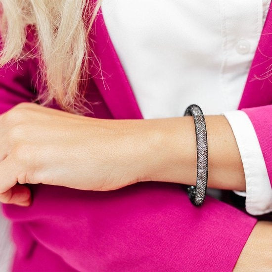 Zwarte Mesh Armband met Kristallen – Dames Armband – Luxe Giftbox – Cadeau