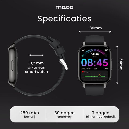 Maoo Amplify 2 Smartwatch – Bluetooth Belfunctie – WhatsApp Notificaties – Hartslag & Slaaptracker – Zwart – Android & iOS