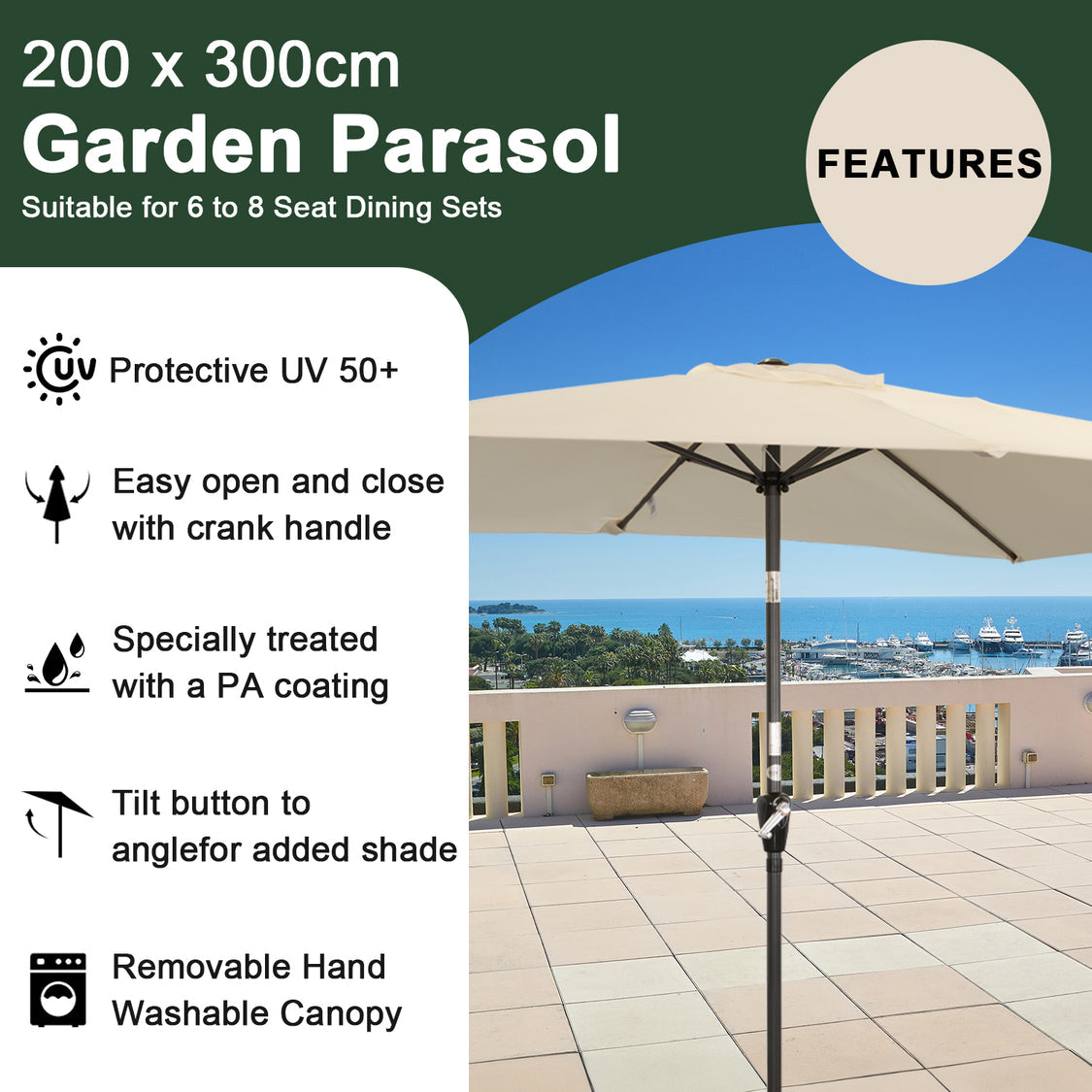 Angel Living Parasol - 3 x 2 m - Rechthoekig - Beige