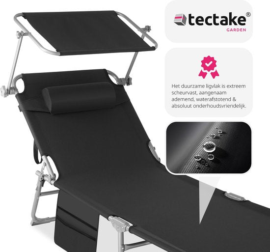 tectake® - ligbed Zonnestoel ligstoel - 4 standen, inklapbaar – zwart - 68 x 190 x 28 cm, met zijvak