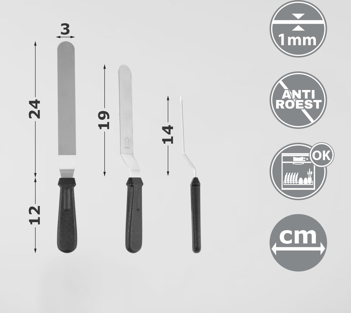 Chefarone Patisserie Set van 3 - Glaceermes - Taart Spatel - Cake Spatel - Paletmes Taartschraper - Spatel voor taart - Vaatwasserbestendig