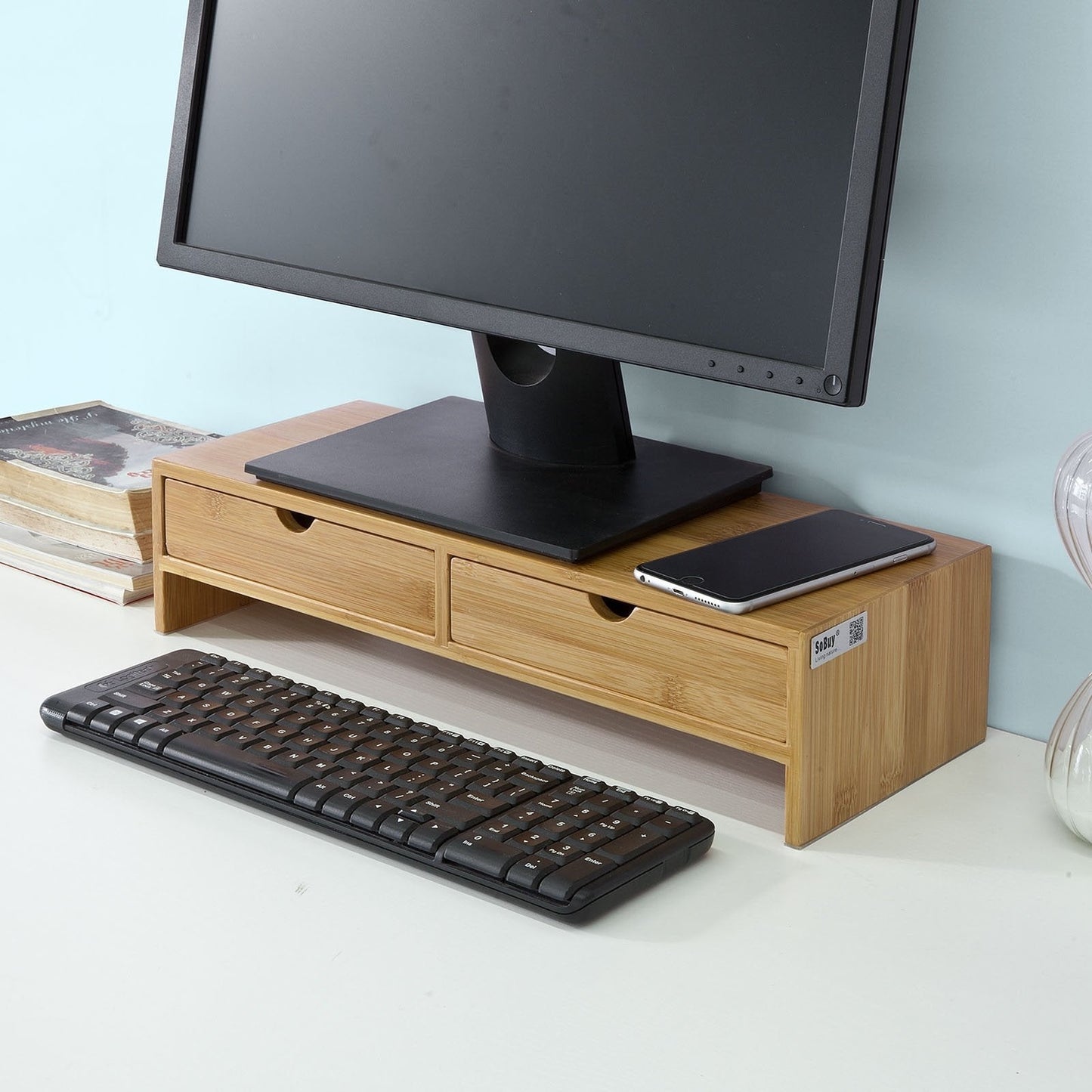 SoBuy FRG198-N Monitorstandaard - 2 Laden - 18 x 45 x 11 cm - Bamboe