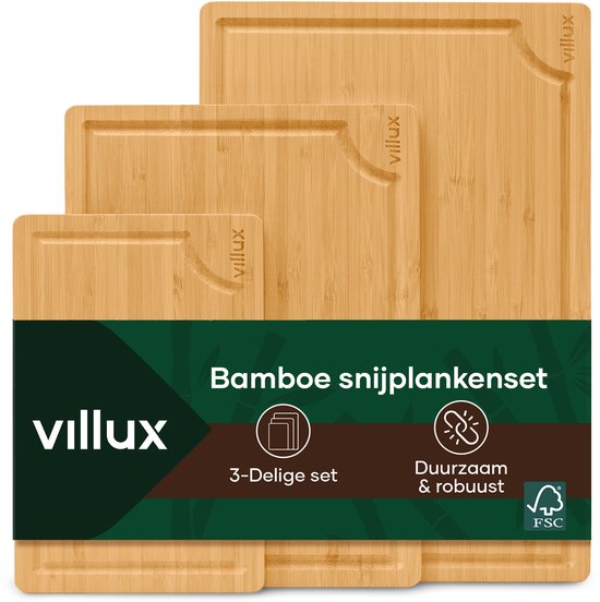 Villux Snijplank - Snijplankenset - Snijplank Hout - Snijplanken - Snijplank Bamboe - Houten Snijplank - Tapasplank - Borrelplank - Serveerplank - Hapjesplank - Inclusief eBook - 3 Stuks - Bamboe