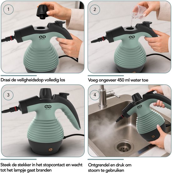 Infinity Goods Stoomreiniger - 12-in-1 Handstoomreiniger - Handstomer - Vlekkenreiniger - Tapijtreiniger - 10 Opzetstukken - 1050 Watt - 3.2 Bar - Groen