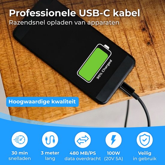 Nuvance Usb C Kabel - 100W - Usb C naar Usb C - 3 Meter - Usb-C Kabels - Snellader - 480Mb/ps Data - Usb C Oplader - Zwart