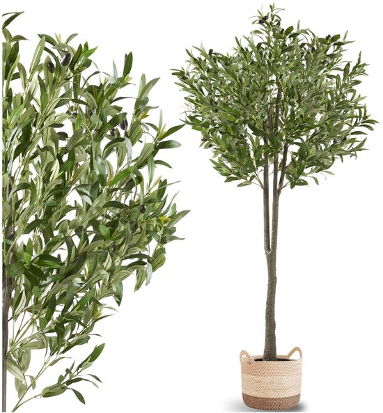 tectake® Kunstmatige Olijfboom Oleand – Mediterrane Kunstplant met Realistische Bladeren en Olijven – Onderhoudsvriendelijk en Veelzijdig – Inclusief Stevige Bloempot – Hoogte: 150 cm