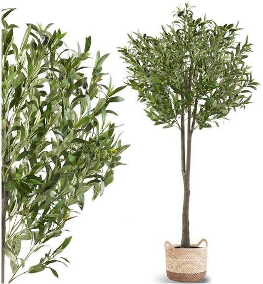 tectake® Kunstmatige Olijfboom Oleand – Mediterrane Kunstplant met Realistische Bladeren en Olijven – Onderhoudsvriendelijk en Veelzijdig – Inclusief Stevige Bloempot – Hoogte: 150 cm
