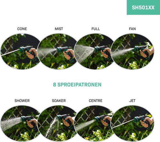 VONROC broespistool & spuitstuk set – 8 sproeipatronen en regelbare watertoevoer – Incl. koppelingen