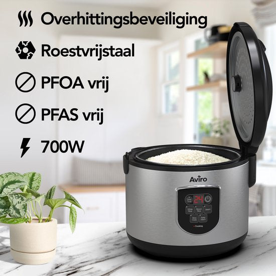 Aviro Rijstkoker - Slowcooker - 1,8L - 7 Functies - Warmhoudfunctie - Rice Cooker - Anti Aanbaklaag - Multicooker - 2-10 Personen - RVS