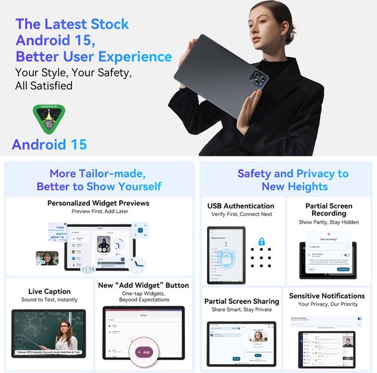 BESTTAB W90 Tablet - 11 Inch Tablet - 24GB RAM - 256GB ROM - 8000 mAh - Android 15 - WIFI 6 - Touchscreen Tablet - Dubbele Simkaart - Grijs