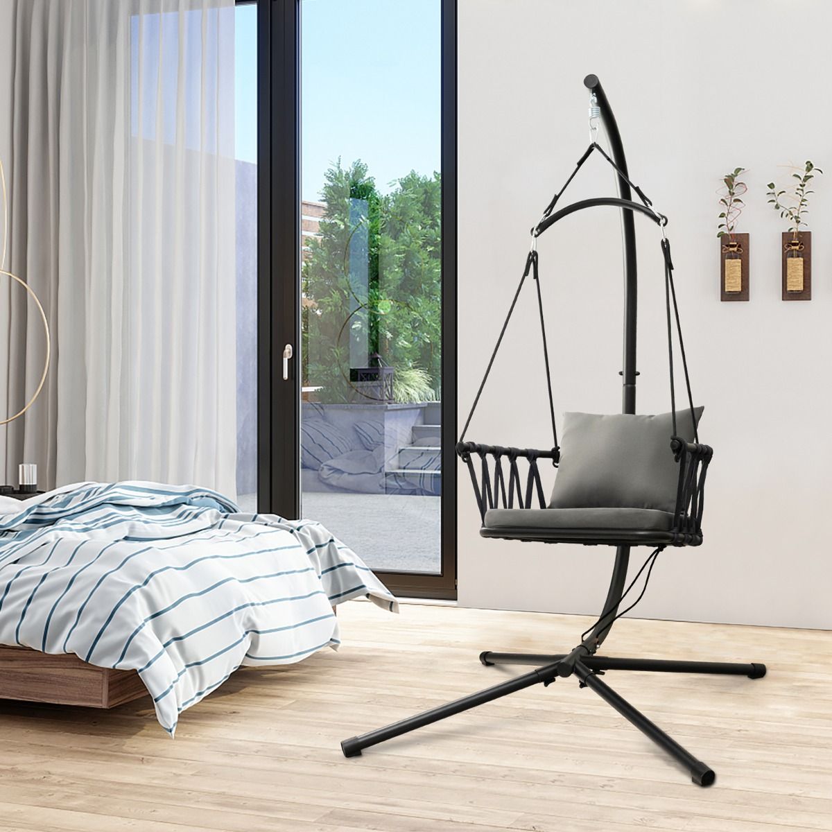 Coast Hangstoel met Standaard - Geweven Rugleuning - Inclusief Zit- en Rugkussens - Grijs