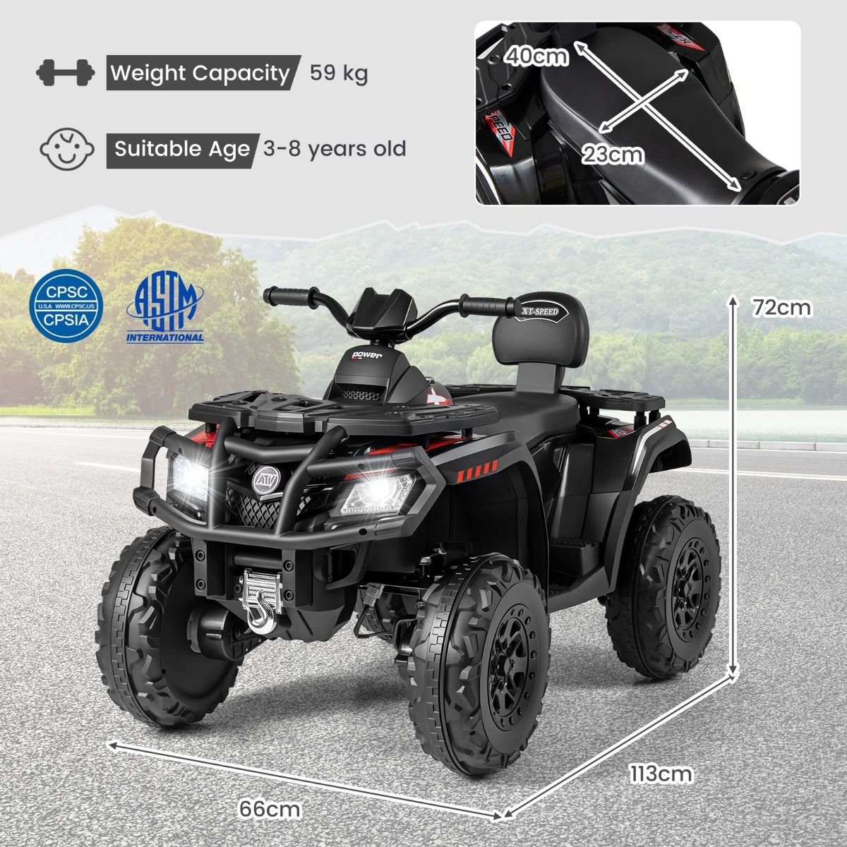 Coast elektrische kinderquad - 2 zitplaatsen - 4 motoren - zwart