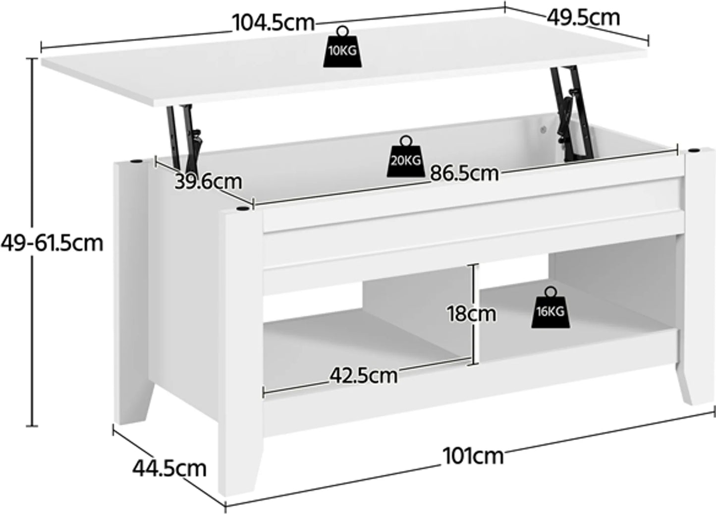 Yaheetech Salontafel Met Lift-Top Functie – Voorzien Van Verborgen Opbergruimte En Twee Open Planken En Veermechanisme – Voor Woonkamer En Kleine Ruimtes – Wit Mdf En Metaal – 104,5 x 49,5 x 49-61,5 cm