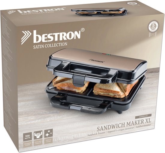 Bestron Tosti apparaat - ASM90XLSAT - 900W - Voor 2 tosti's - Anti aanbaklaag - Wit/Grijs - 5 jaar garantie