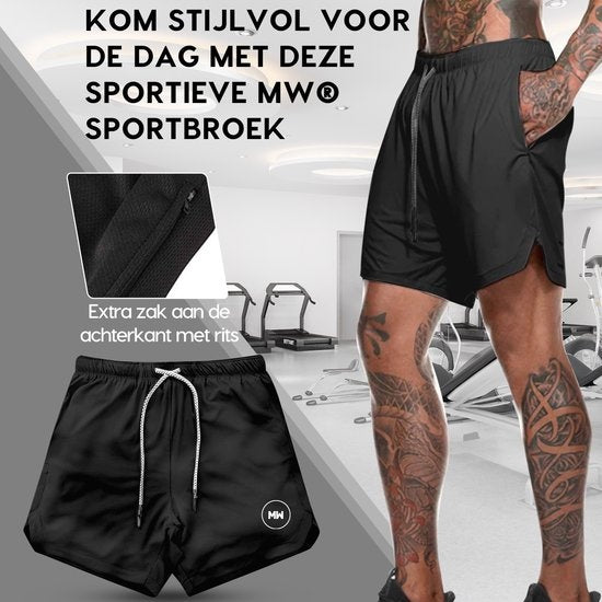 MW – Sportbroek Voor Heren – Maat M & 2-in-1 Design – Voorzien Van Mobiel Zak En Elastische Tailleband – Voor Gym En Hardlopen – Zwart Polyester