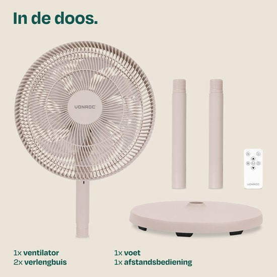 VONROC Vloerventilator - 3 snelheden – incl. afstandsbediening - timer - verstelbaar in 3 hoogtes - beige