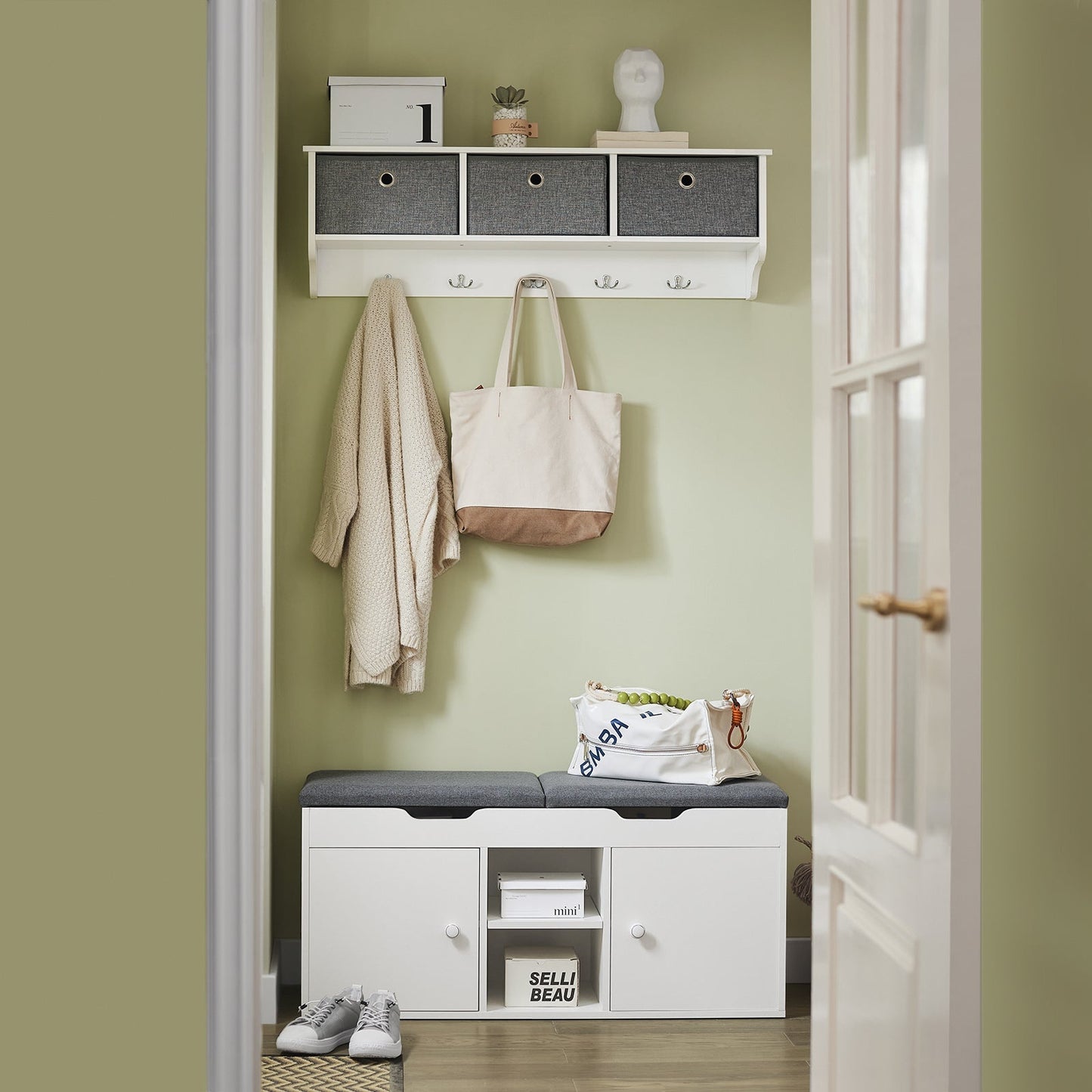 SoBuy Schoenenbank met 2 Kasten - Max. 150 kg - 100 x 34 x 48 cm - Wit/ Grijs