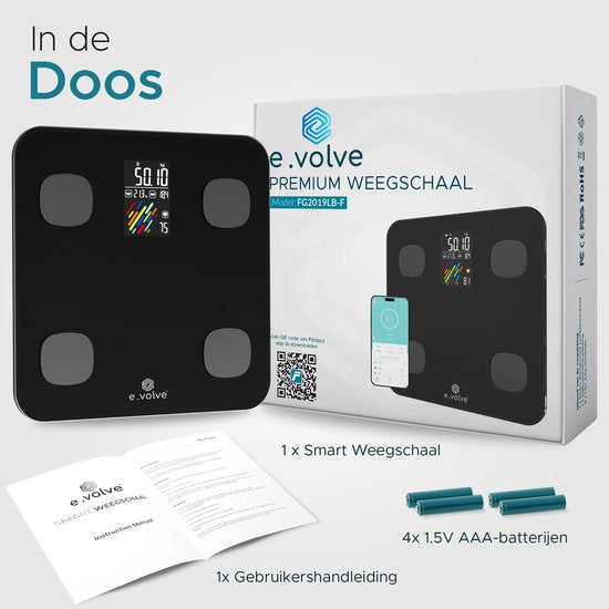e.volve Weegschaal Personenweegschaal Digitaal - 16 Metingen - Slimme Weegschaal met Lichaamsanalyse - Precisie Weegschaal - Weegschalen - Digitale Weegschaal - Incl. App