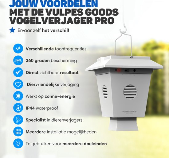 Vulpes Goods Vogelverjager – Ultrasoon & Waterdicht – 16 x 16 x 20 cm – Wit