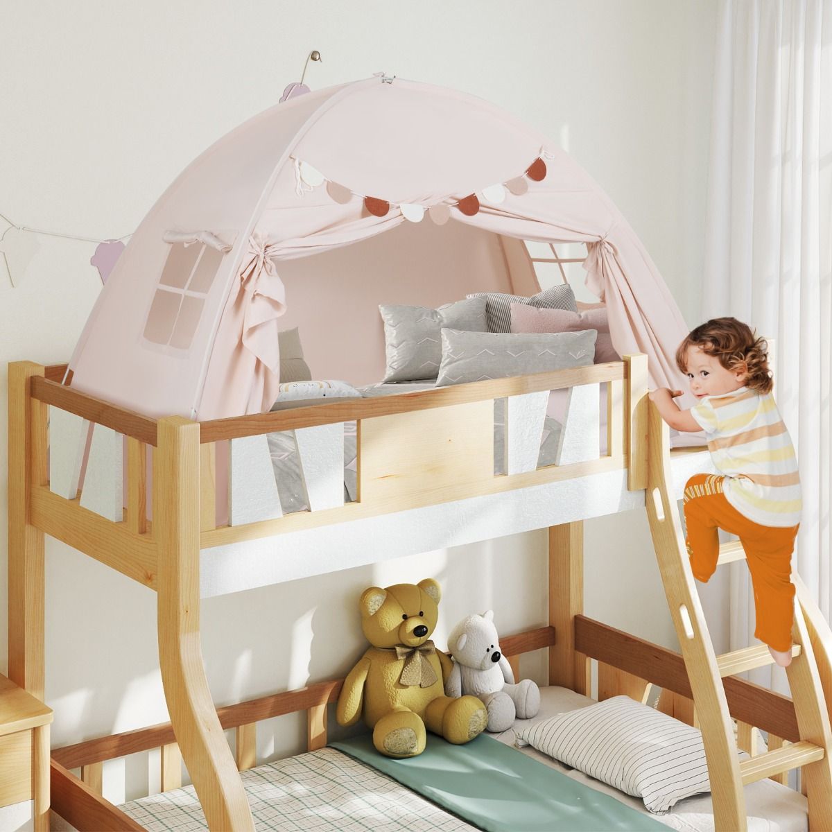 Coast Tweepersoons Kindertent - Opvouwbare baldakijntent - Met ramen en vlaggenbanner - 201 x 100 x 122 cm - Beige