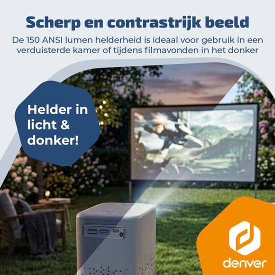 Denver Portable Beamer - 4K 3840x2160P - 150 ANSI Lumen - Projector - Ingebouwde Batterij - Thuisbioscoop - HDMI - USB-C - PR4700