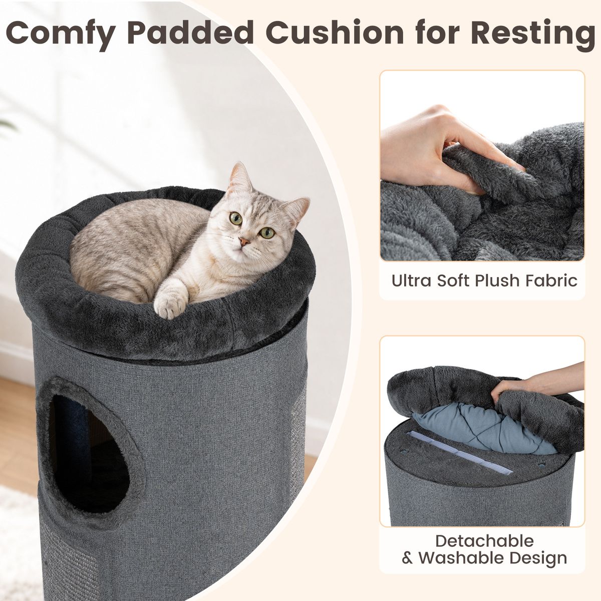 Coast Vierlaags Kattenhuis - tonvormig kattenmeubel - met sisal krabplank en pluchen bed - donkergrijs 43 x 43 x 113 cm