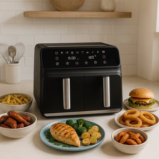 alpina Dubbele Airfryer XXL - Heteluchtfriteuse 2x4L - Air Fryer met Digitaal Touchscreen - Heteluchtoven voor 6 Personen en Meer - 8 Kookprogramma's - Sync-Modus - Timer Functie