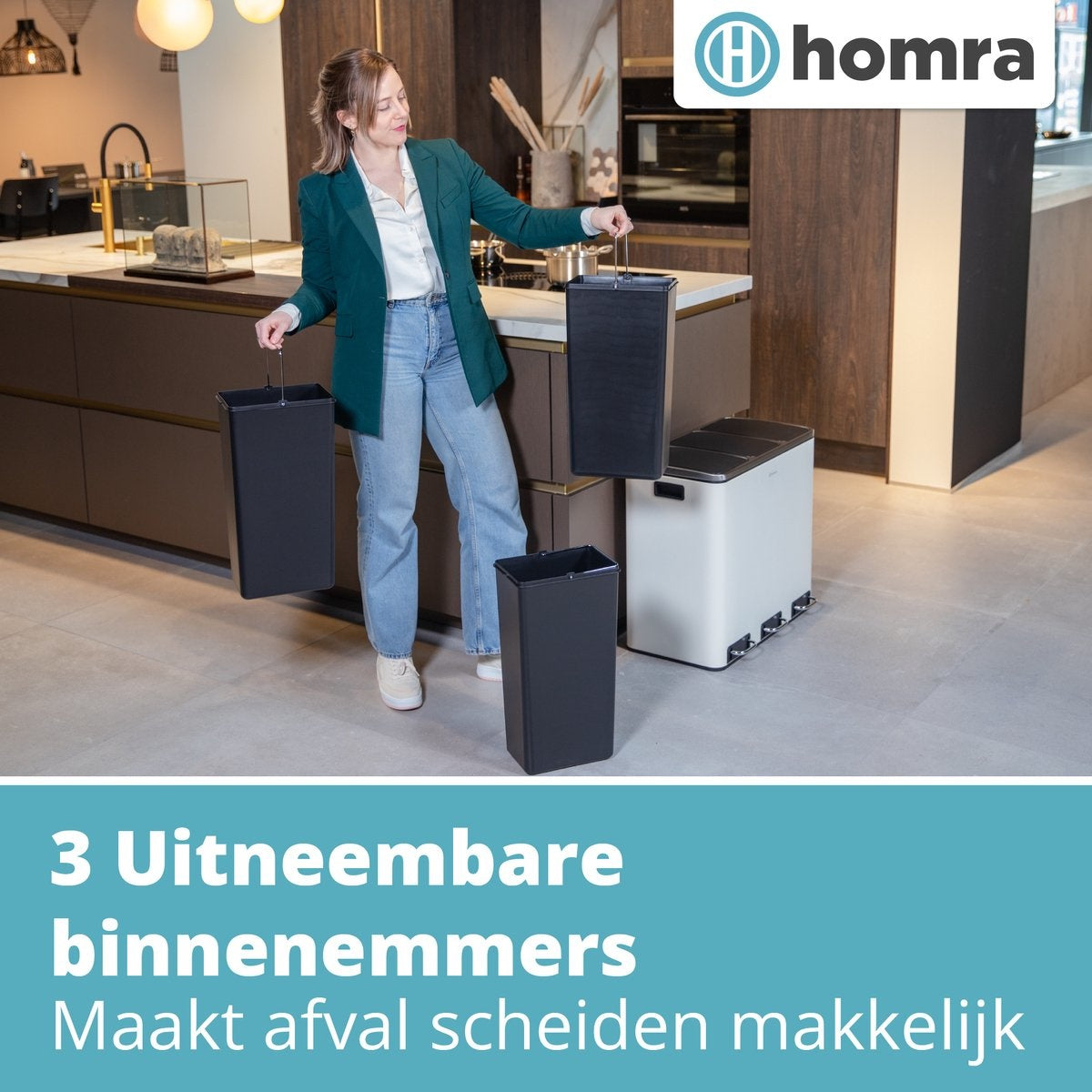 Homra SPARQ Pedaalemmer 3 vakken - 3 x 18 L inhoud - 54 Liter - Crème Wit RVS - Trio Afvalscheiding prullenbak  - 3-vaks Recycle Afvalemmer - Hygiënisch Afval Scheiden - Witte Keuken Vuilbak - Kantoor Prullenbak - Pedaal - Afvalscheidingsprullenbak