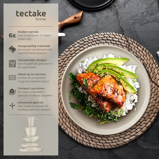 tectake® Serviesset Una - 30-delig - Aardewerk - 6 Persoons - Stijlvol en Duurzaam Servies - Bordenset met Grote en Kleine Borden, Kommen, Schaaltjes