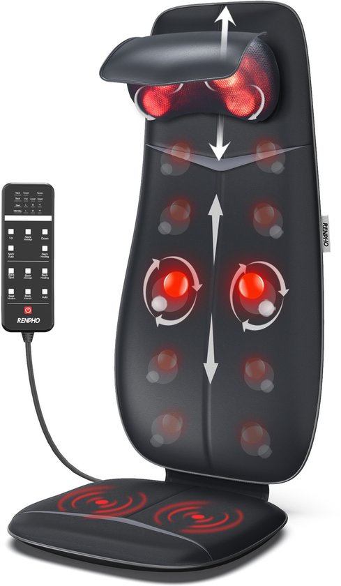 RENPHO Shiatsu massagekussen - Volledige rug- en nekmassage – Met warmte en vibratie – Instelbare zones en intensiteit – Automatische hoogteherkenning – Geschikt voor elke stoel – Ideaal voor thuis of op kantoor