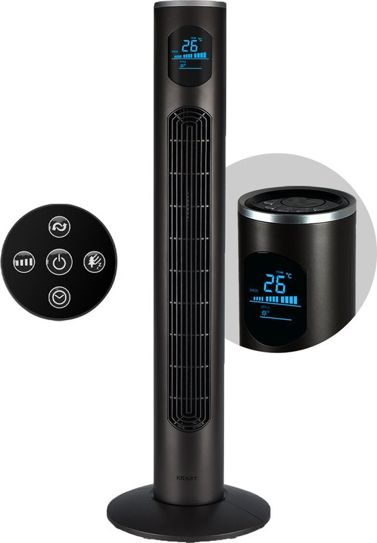 KRAFT Torenventilator - Stille Ventilator Staand - Fan - 97 cm - LED Scherm - Vloerventilator - Antraciet