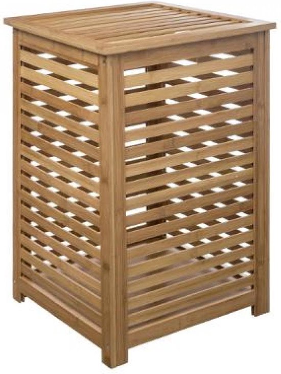 5Five Wasmand Bamboe hout - Met waszak - 65 liter - 40 x 38 x 58 cm - lichtbruin - met deksel
