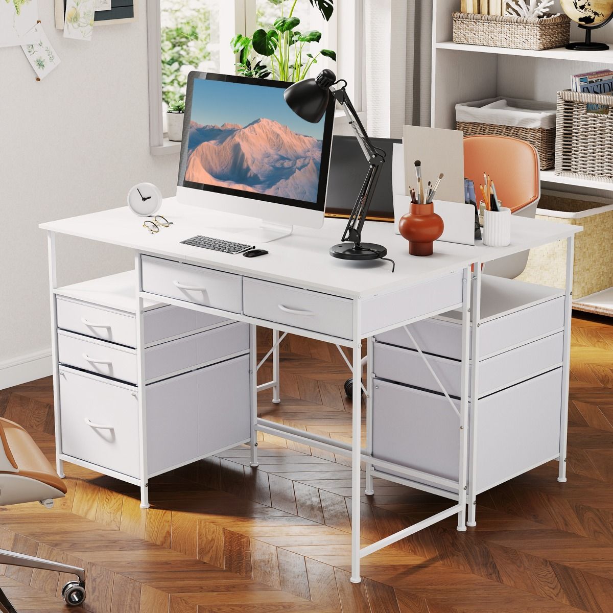 Coast Computerbureau - met opbergruimte en open plank - 5 stoffen lades - metalen frame - 120 x 50 cm - café & zwart