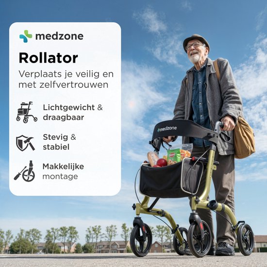 Medzone Rollator Lichtgewicht en Opvouwbaar - Zitfunctie - Binnen en Buiten - Rugleuning en Wandelstok Houder - Champagne - Goud