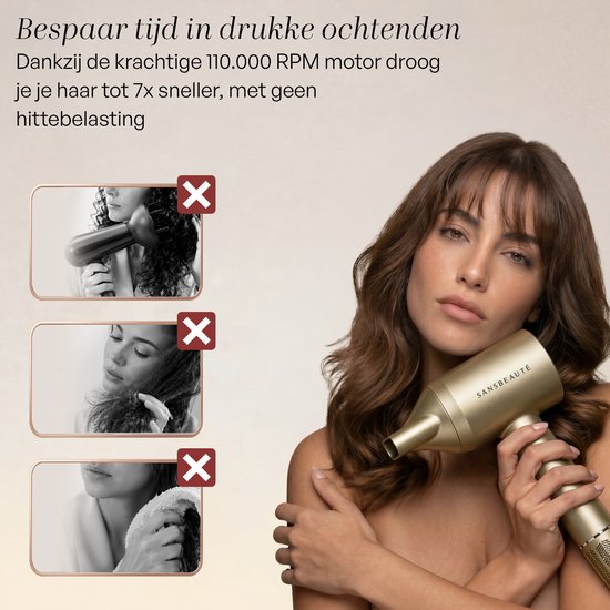 Sansbeauté® Föhn met Diffuser - Krullen - 110.000RPM - Ionische Haardroger met Borstel - 3 Standen - 3 Opzetstukken - Reisföhn - Sèche Cheveux - Krul Feun Set - Haarföhn met Defuser - Hair Blow Dryer - Kappersfohn - 2000W